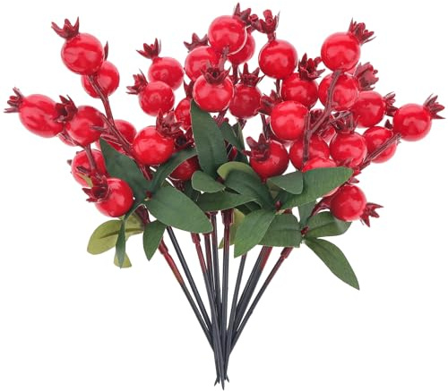 Quancru 10pcs Realistic Mini Fake Pomegranate Branches Artificial Christmas Holly Berry Stem DIY Decoration Vase Bouquet Home Wedding Party