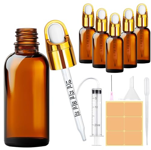 Amentalove 5 Stück Pipettenflasche 30ml, Braunglas Pipettenflasche, Tropfflasche, Apothekerflasche Braunglas mit Trichter und Spritze, Braunglasflasche für Ätherische Öl Parfümöle Aromatherapie