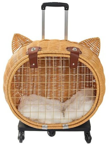 BRDECOR Katzentransportbox aus Rattanimitat für Welpen und Hunde Haustier-Reisetasche Katzenförmiger Haustier-Trolley aus Korbgeflecht mit Rollen Zum Wandern, Spazierengehen und Im Freien,A