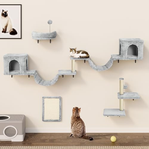 YITAHOME 8PCS Estante de Escalada para Gatos Montado en La Pared, Muebles de Pared de Madera para Gatos Árbol para Gatos con Postes Rascadores/Casa/Puente/Escaleras/Bola Colgante,Gris Claro