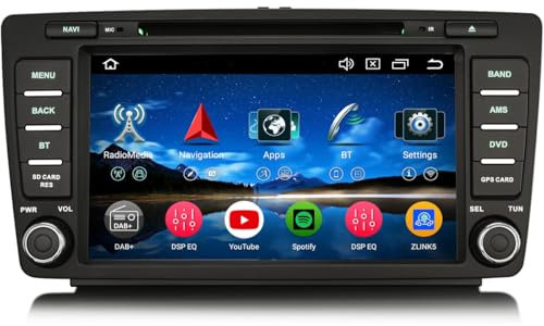 Erisin 8-Kern 4+ 64GB Android 14 Autoradio Mit GPS Navi für Skoda Octavia Yeti Superb Roomster Rapid Touchscreen Kabelloses CarPlay DSP WiFi Bluetooth 5.0 Radio SWC CD Player IPS Bildschirm