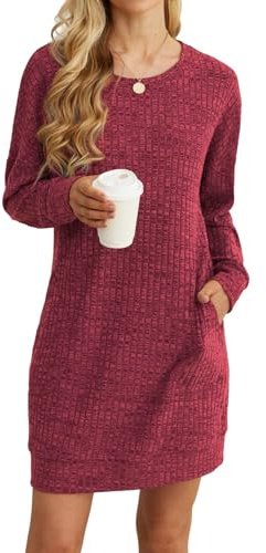 PrinStory Damen Pulloverkleid Langärmelig Winterkleider Beiläufige Komfortabel Gestrickte Pullover Oberteile Basic Pulloverkleid Mit Seitentaschen (Rot, XL)