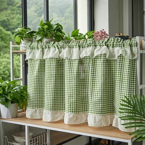 Tenda corta moderna, verde, confezione da 1 tendine da 60 cm di altezza, da cucina, semi-oscuranti, in cotone e lino, moderne, a quadretti, con volant in pizzo, per soggiorno, in campagna, per