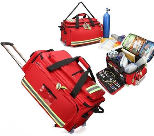 SULQING Rollbare EMT-Tasche mit abnehmbarem Trolley, Notfalltasche mit herausnehmbaren Trennwänden, Erste-Hilfe-Tasche leer für häusliche Krankenpfleger, Ärzte, EMT, EMS