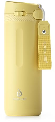 IDEUS Insulated Stainless Steel Water Bottle 17 oz Push Button Lid & Leakproof Travel Mug for Hot/Cold Beverages Fits Most Cup Holder, Light Yellow