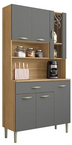 Buffet de Cuisine 6 Portes 1 Tiroir Chêne et Gris L 90.9 H 173.5 P 36.3 cm