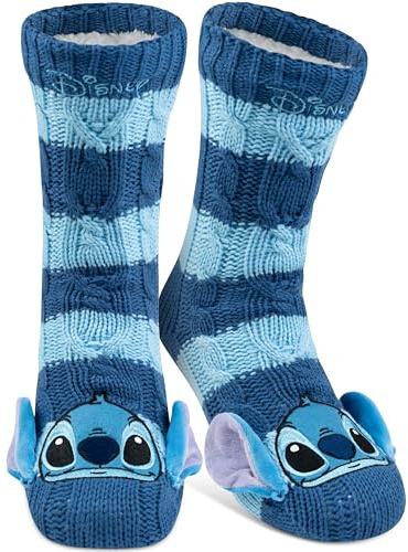 Disney Lilo & Stitch Chaussettes tricotées avec oreilles et doublure Sherpa femme Taille unique, bleu rayé 38/43 EU