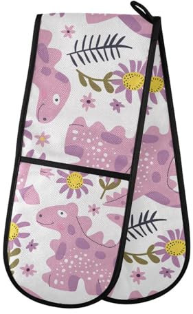 Maniques de cuisine doubles avec motif dinosaure et marguerite - Résistants à la chaleur - Pour barbecue, pâtisserie, cuisine - Rose