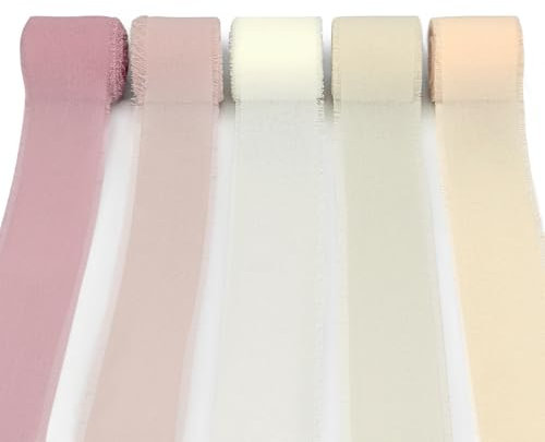 Catephe Alla hjärtans dag chiffongband, 4 cm x 27 meter rosa grädde fransar chiffongband, handgjorda fransade chiffong silkesband för presentförpackning, brudbuketter, festdekorationer gör-det-själv