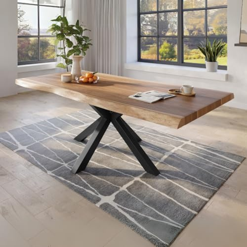 trelevo Esszimmertisch 240x120 cm, Akazienholz massiv 50mm, Tischplatte naturfarben, echte Baumkante, Spider Gestell schwarz, Baumkantentisch