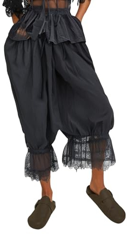 Women Lace Long Bloomers Pants Elastic Waist Y2k Ruffle Pettipants Slip Cute Pantaloons Pumpkin Pants(Black,Large)