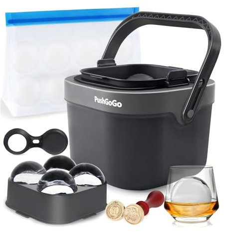 PushGoGo Clear Ice Ball Maker,Four Large 2.4 Crystal Clear Ice Balls for Whiskey, Cocktails, Bourbon,4-Cavity BPA-Free Silicone Easy Remove Ice Sphere Molds with Storage Bag,Stamp