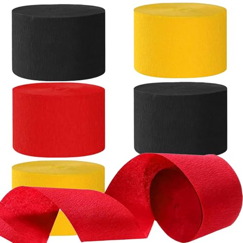 6 Rollen Schwarz Rot Gelb Krepppapier, Kreppbänder, Krepppapier Luftschlangen Dekoration，für Geburtstag Babydusche Hochzeitsfeier Dekorationen(4.5 cm x 25 m)