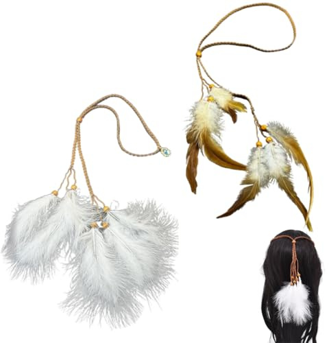 Haarband mit Federn, 2 Stück Bohemian Haar Accessoires Dekoratives Feder Stirnband, für Erwachsene, Boho-Kopfschmuck, Hippie, Indianerin, Karneval, Fasching, Fastnacht, Mottoparty, Halloween