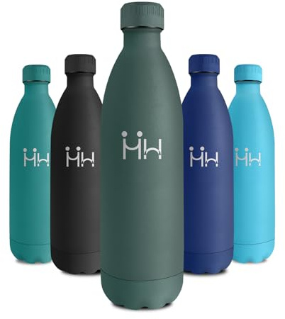 Botella Termica 1L, Termo Agua sin BPA Reutilizable, Cantimplora Acero Inoxidable, Botella Agua con Doble Pared, Garrafa Termica para Escuela, Oficina, Camping, Viajes, Niños, Adultos, Senderismo