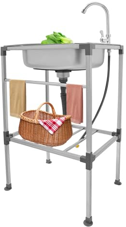 Spüle mit Unterschrank 201 Freistehende Edelstahl Spültisch 1 Becken 60kg Tragfähigkeit Spültisch Freistehende Spüle Samping Spüles mit Wasserhahn 360° Camping Waschbecken Spülbecken (53x38x83cm)