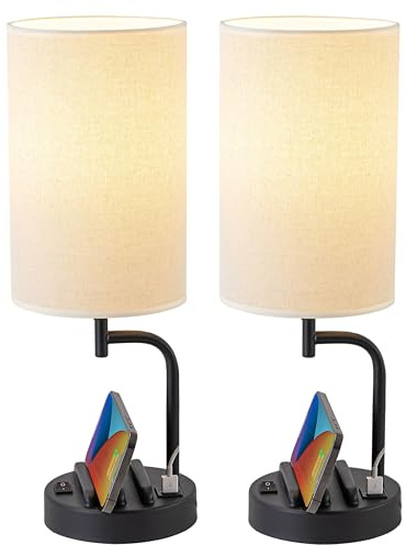 Dreamholder Table Lamp, Bedside Lamp with USB C&A Charging Ports, LED Desk Lamp with 3-Color Modes with Phone Stands, for Bedroom, Living Room, Office, Black(Set of 2, Bulb Included)
