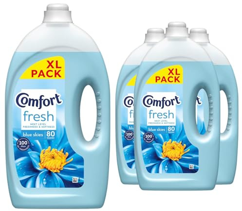 Comfort Blue Skies Fabric Conditioner 80 Washes 2.4L Fabric Softener Washing Liquid, Lasting Freshness and Softness with Stay Fresh Technology for 100 Days, 4 Pack