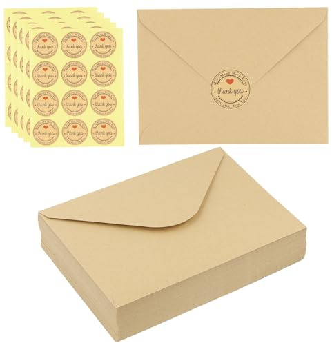 50 Briefumschläge Ohne Fenster, Briefumschlag B6 Braun Vintage, Briefumschläge Kraftpapier für Hochzeit, Grußkarten, Einladungen, Geburtstag, Danksagungen, mit 5 roten Herzhülle-Siegelaufklebern