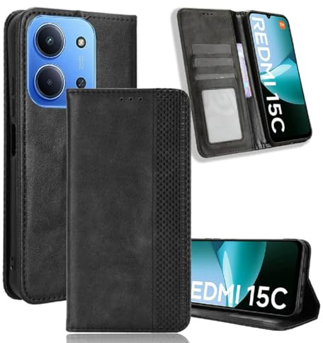 YUECXIN Cover per Xiaomi Redmi 15C 5G/4G/Poco C85, Flip Caso in PU Pelle Premium Portafoglio Custodia con Carta Fessura, Supporto Stand, Chiusura Magnetica, Antiurto Case, Nero