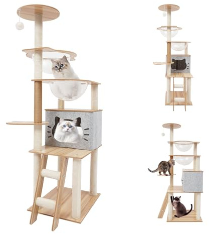 Rascador de madera, moderno árbol rascador para gatos con cueva para gatos, 50 × 40 × 135 cm, rascador para gatos grandes, estable, para 3-4 gatos pequeños y grandes, hasta 10 kg, gris