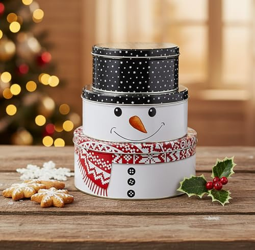 KAMACA 3 er SET Keksdosen Plätzchendose aus Metall mit Deckel rund praktisch Winter Advent Weihnachten für Plätzchen Kekse Gebäck langlebige Aufbewahrung (3er Set Gebäckdose Schneemann)