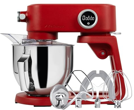 Kraftsman Full Metal Stand Mixer, 5L Food Mixer with Multi-Attachment Hub | Premium Professional Mixer with Stainless Steel Dough Hook, Whisk, Beater, Flex Edge Beater, 8 Speeds & Timer Function (Red)