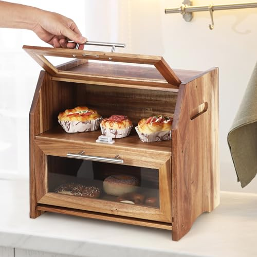 GarveeHome Double Decker Bread Box, Acacia Wood Bread Bin with Clear Acrylic Windows and Air Vents Keeps Fresh, Counter-top Storage Box for Bagels, Rolls, Salt and Pepper Mill 40 x 26 x 37 cm
