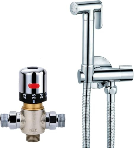 Thermostatic Mixer Bidets Sprayer Kit Toilet Valve Water Spray Bidet Attachment with Hose Handheld Bathroom Shattaf Sprayer Bath Douche Muslim Bidet Shower Head Brass Bathroom Wall Mounted Chrome Set