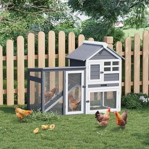 Hühnerstall mit Auslauf 1150 x 510 x 930 mm Hühnerhaus, Kleintierstall aus Holz Hühnervoliere, Freilaufgehege mit 2 Ebenen, 4 Türen, Nistkasten, Wasserfestem Dach, Auslauf, Rampe, Grau-weiß
