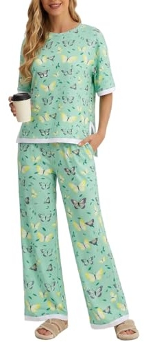 PrinStory Pigiama da donna a maniche corte, con pantaloni lunghi, 2 pezzi, Farfalla verde Fp, XXL