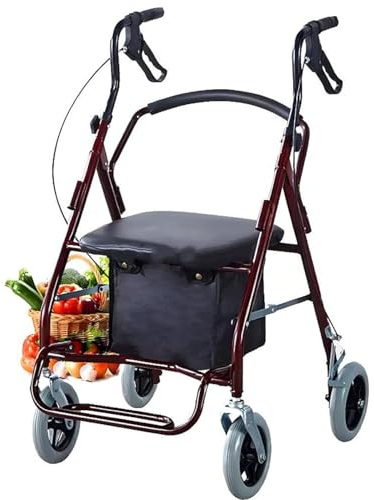 Rullande rullator med säte och bromsar, bärbar hopfällbar shoppingvagn, halkfri fotpedal, för seniorer, stöder upp till 150 kg