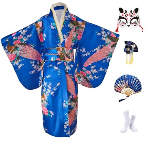 Kimono Enfant Deguisement Japonaise Fille Robe Japonaise pour la Fête et le Spectacle,Satin Cosplay Anime avec Eventail Pliant,Chaussettes Tabi,Masque de Renard et Epingle à Cheveux,Bleu Royal,130