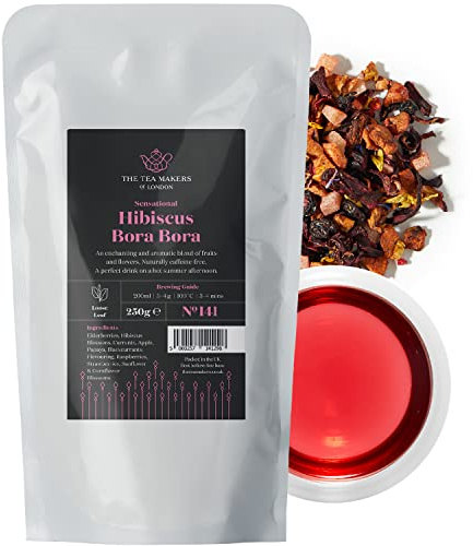 Bora Bora Blend with Hibiscus Flowers & Tropical Fruit Chunks – Sweet, Floral, Zesty Fruit Tea – 250g by The Tea Makers of London