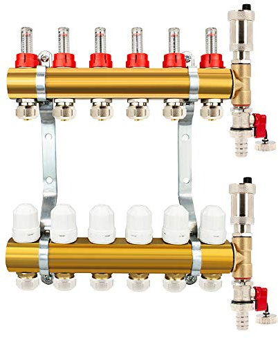 Millto™ Messing Heizkreisverteiler Fußbodenheizung 6 Heizkreise 16x3/4 PEX Rohr Adapter | Verteiler Entlüftungsset Automatische Entlüftung Flowmeter Thermostatventil Eurokonus