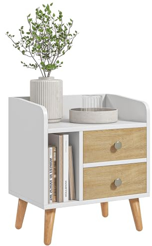 HOMCOM Mesita de Noche Mesilla de Noche con 2 Cajones Grandes y 1 Estante Abierto y Patas Elevadas de Pino Diseño Nórdico para Salón Dormitorio 43x30x49 cm Blanco