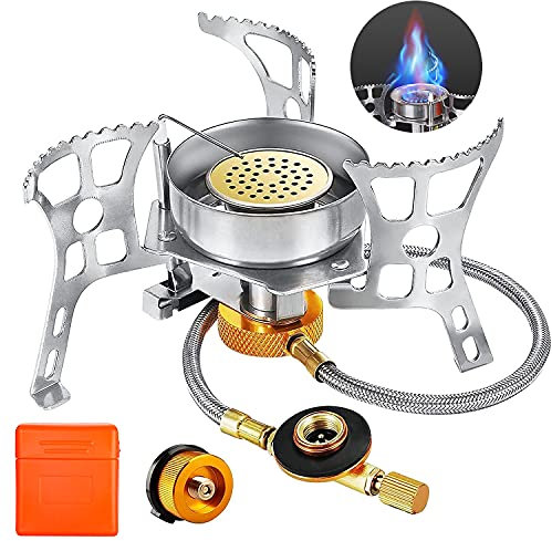Campingkocher, Tragbar, Winddicht, Backpacking-Brenner, Kochkocher für Wandern, Camping gaskocher, Angeln, Picknick, mit Piezozündung und Adapter-Konverter