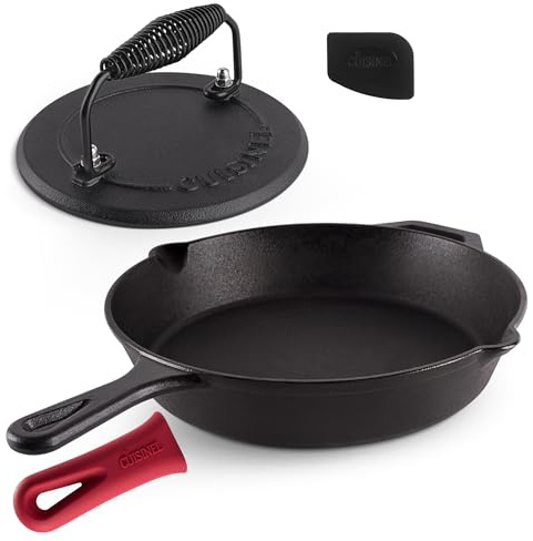 Cast Iron Skillet + Grill Press + Scraper Set - 12-inch Pre-Seasoned Frying Pan + Silicone Handle Grip - 7 Round Burger Smasher - Indoor/Outdoor, Stove, Oven, Grill, Induction Kitchen Cookware