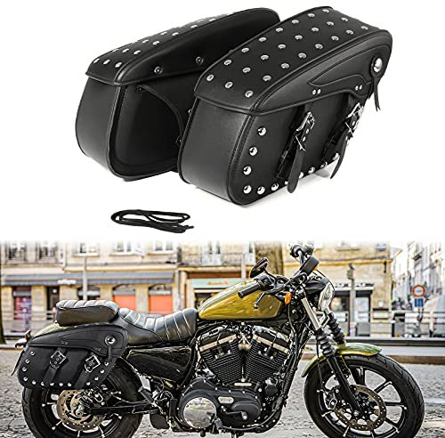 OXMART Motorrad-Werkzeugtasche, Satteltasche, wasserdichte Seitentasche, PU-Leder, Niete, schwarz, Satteltasche, Gepäckaufbewahrung, passend für Harley, 2 Stück (Links + rechts)