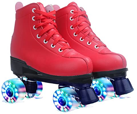XVBVS Patines de Ruedas para Mujer, Patines Paralelos Rojos de Doble Fila de Moda, Patines Cuádruples Altos de Cuero de PU para Interiores y Exteriores para Adultos, Niños, Damas, Niñas (44,LED)