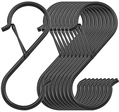 ITROLLE 10 Stück S-Haken zum Aufhängen von S-förmigen Haken für Regale/Regal/Stangen, Sicherheitsschnallen-Design, robuste Metall-S-Haken zum Aufhängen von Pflanzen, Taschen, schwarz