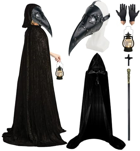 Masque de médecin de la peste à long nez - Masque steampunk pour Halloween, costume gothique, rétro, en cuir avec gants noirs, canne, cape à capuche noire pour Halloween, bal masqué