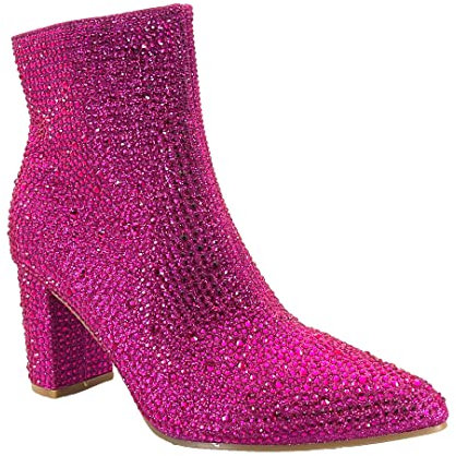 ABSOLEX Women Pointed Toe Rhinestone Block Medium Heel Ankle Booties, Fuchsia, 5.5 UK