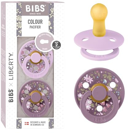 BIBS Liberty Pacifier | 2 Colour Natural Rubber Latex Soothers | BPA Free Dummy Pacifier | Round Nipple | Designed & Made in Denmark | Chamomile Lawn Violet Sky