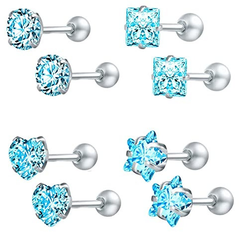 Homxi Ohrstecker Damen Herren Modern,Ohrringe Edelstahl Silber Damen 6MM Rund/Stern/Herz/Quadrat mit Zirkonia Ohrringe Ohrstecker Blau