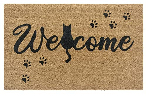 Hanse Home Kokos Fußmatte für Innen - Schmutzfangmatte Natur, Kokosmatte Katze Welcome, Fußabtreter rutschfest für Flur, Terrasse, Eingangsbereich - 45x75cm