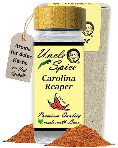 UNCLE SPICE® Carolina Reaper Pulver - 50g schärfste Chili der Welt fein gemahlen im edlen Gewürzglas - GRINGO KILLER - Chilischoten in Pulver, Chilipulver im Streuer - 1.5 Mio Scoville - EXTREM SCHARF