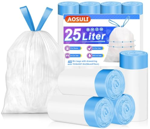 AOSULI Pedal Bin Liners 25L for Kitchen Use, White, 40 Count | Strong and Durable Swing Bin Liners, Drawstring Design, Leak-Resistant, Unscented