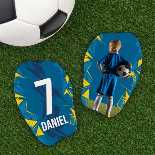Wanapix | Personalisierte Fußball Schienbeinschoner Gepolstert| Shinguards mit Foto und Text | Kinder und Erwachsene | Gelb & Blau - Größe M