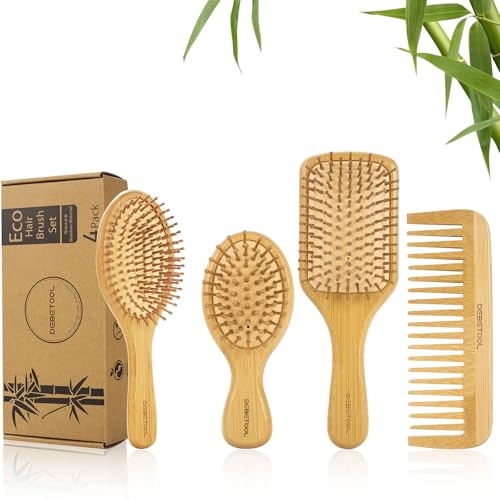 DEBETOOL Bamboo Hair Brush Set, Natural Wooden Bamboo Comb Paddle Detangling Hairbrush for Hair Growth - Wide-tooth and Tail Comb Suitable for Thick/Thin/Curly/Dry Hair